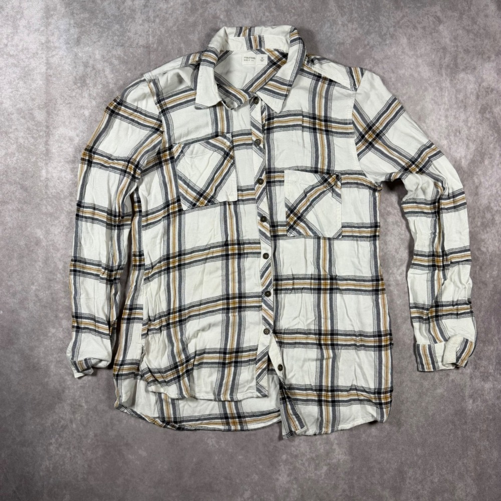 Maurices Relaxed Fit Tunic Top Plaid Button Down Shirt White Black Mustard M